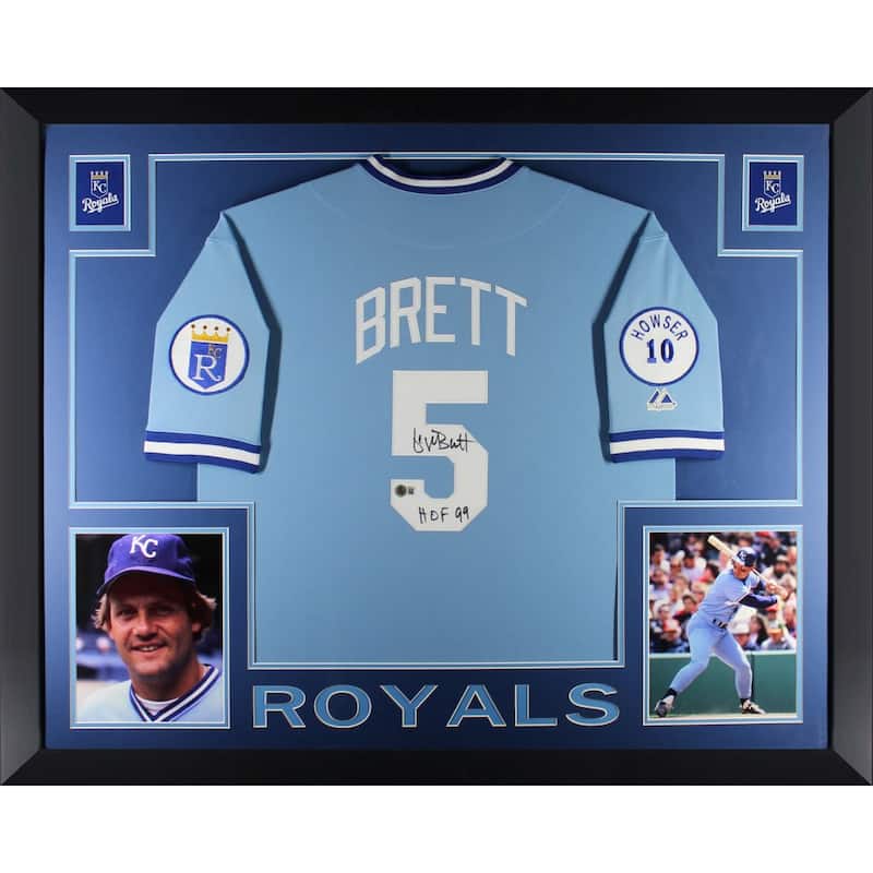 George Brett Autographed Kansas City Royals Signed Majestic Powder Blue Baseball Framed Jersey Hall of Fame HOF 99 Beckett COA