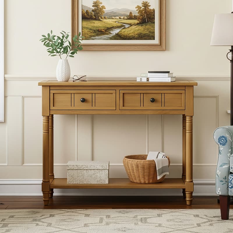 2 Tier Narrow Console Table Entryway Side Table with 2 Drawers and Bottom Storage Shelf