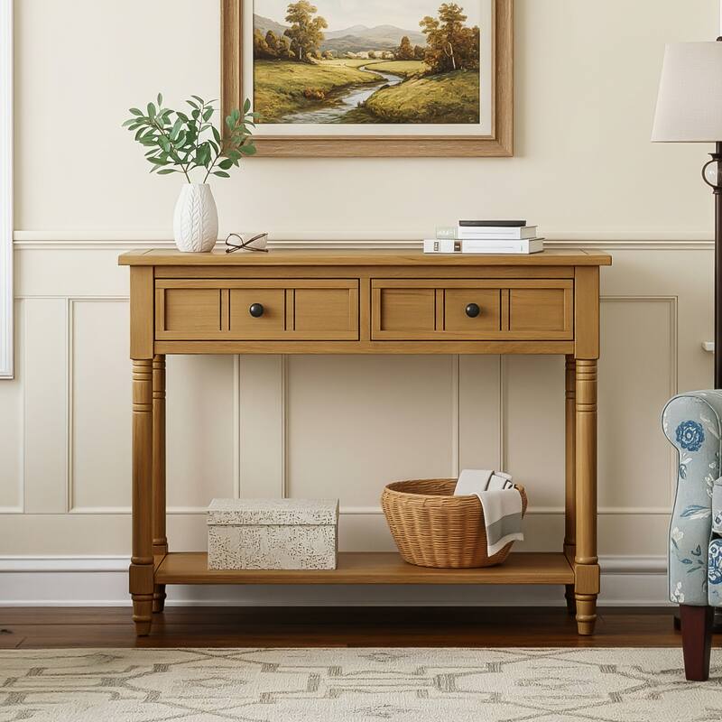 Solid Wood Console Table Sofa Table with 2 Drawers and Bottom Storage Shelf for Entryway Hallway