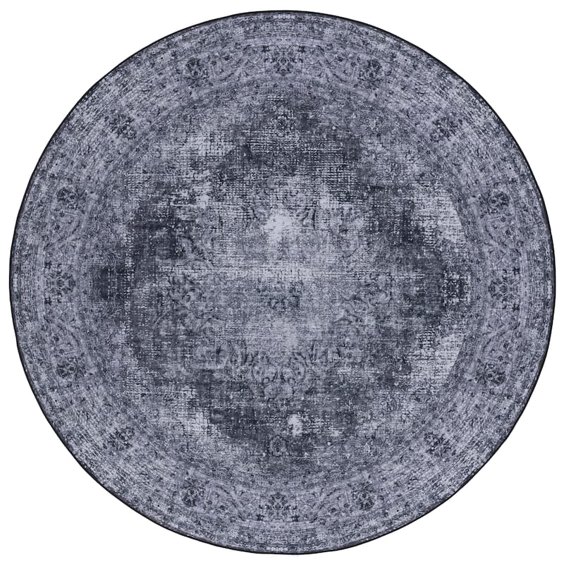 SAFAVIEH Tucson Machine Washable Slip Resistant Genny Oriental Distressed - 6' x 6' Round - Black/Grey - Round