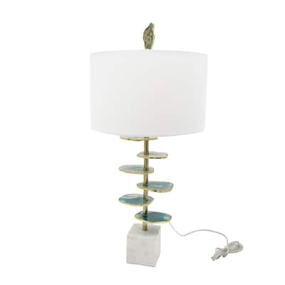 D15x29.5" Verdant Agate-Slice Table Lamp w/ Marble Base with a white drum shade and agate finial