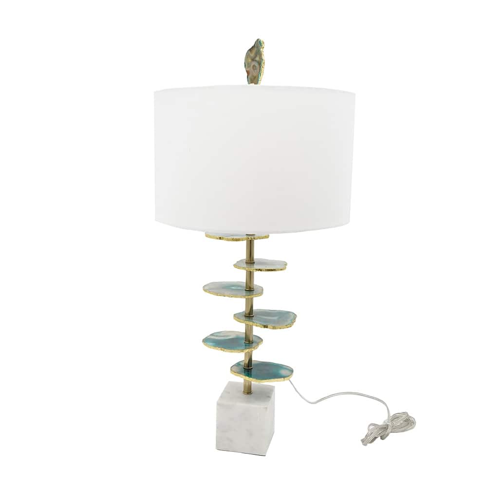 D15x29.5" Verdant Agate-Slice Table Lamp w/ Marble Base with a white drum shade and agate finial