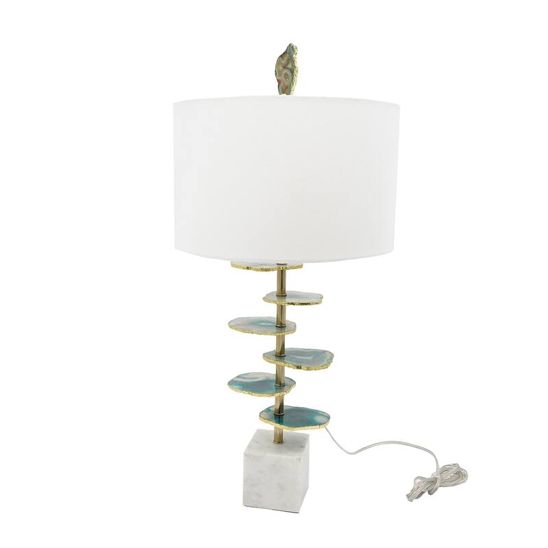 D15x29.5" Verdant Agate-Slice Table Lamp w/ Marble Base - White+Green