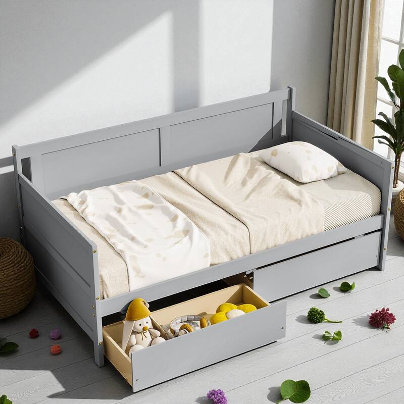 Twin Size Solid Pine Wood Daybed with Two Storage Drawers, Modern Sofa Bed Frame with Pull-Out Storage