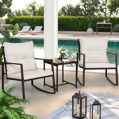 SUNCROWN 3-piece Outdoor Patio Brown/Black Wicker Rocking Chairs Conversation Bistro Set