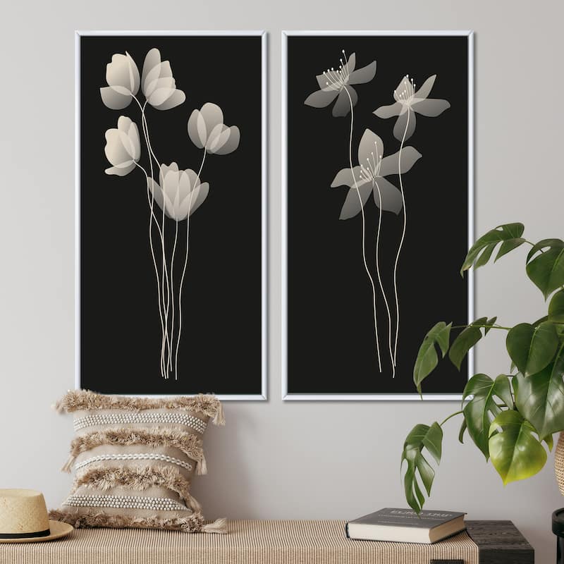 Designart "Monochrome Minimalist Organic Plant Structures I" Floral Framed Art Set of 2 Pieces - 40 in. Wide x 40 in. High - Panels - White