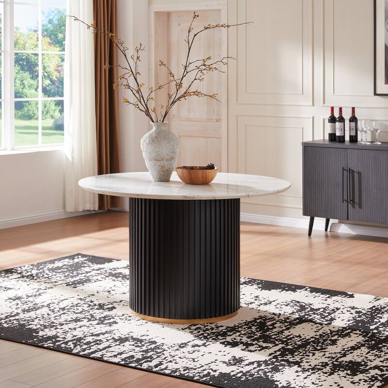 Modern Round Dining Table with Black Metal Base and Golden Trim - White
