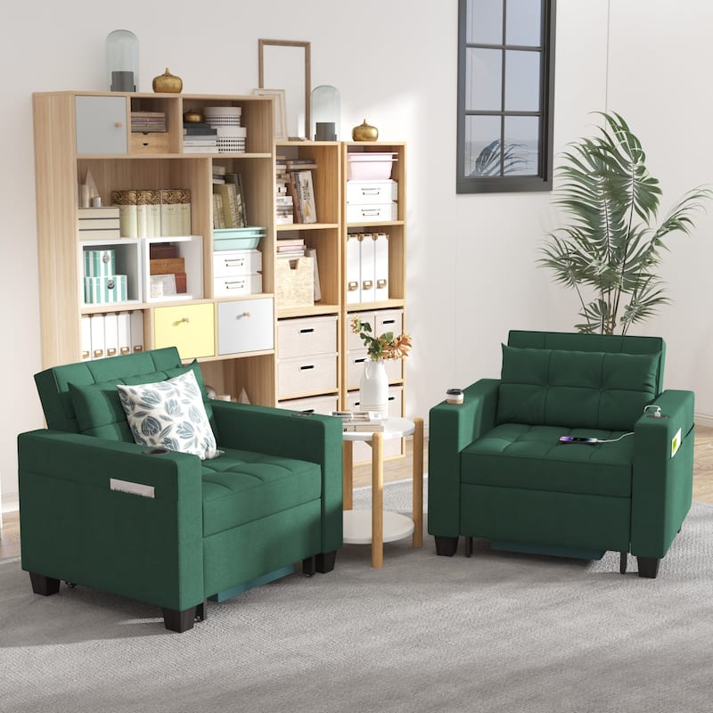 Futon Chair Bed Convertible Chair 3-in-1 Pull Out Sleeper Chair Beds for Living Room - 2PCS - Green Linen