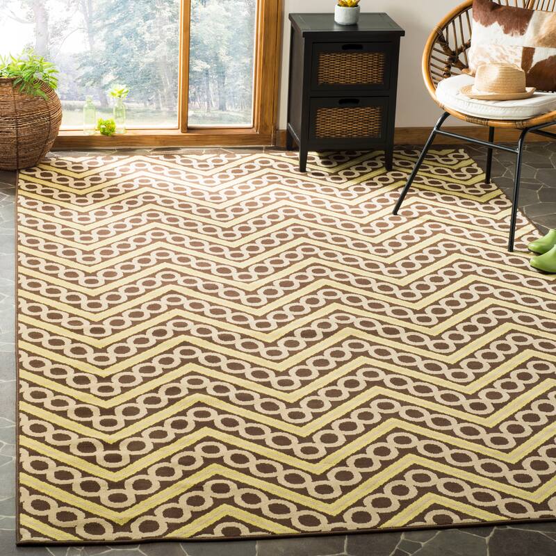 SAFAVIEH Hampton Sylvi Modern Indoor/ Outdoor Waterproof Patio Backyard - 6' 7" x 9' 6" - Brown/Ivory - Rectangle