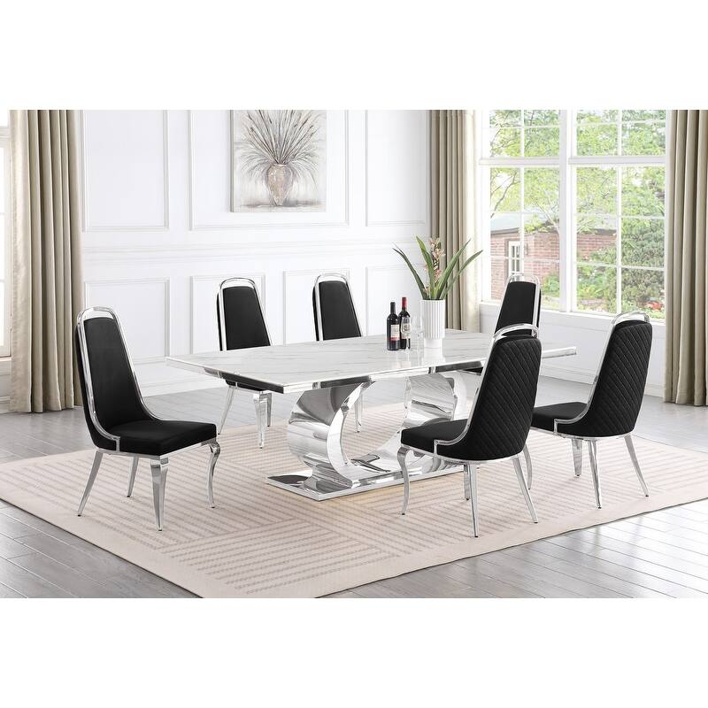 Best Quality Furniture D432/3-SC310-7 Dining Set with 87" White Marble Top - Black / Silver - 7-Piece