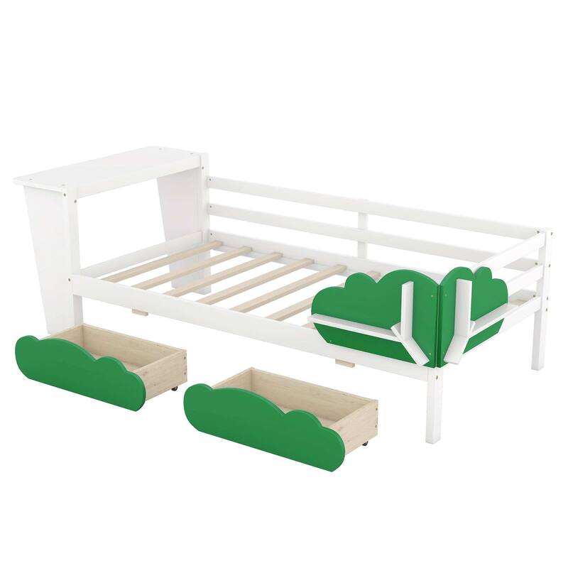 Daybed with Desk, Green Leaf Shape Drawers and Shelves Bed Bath