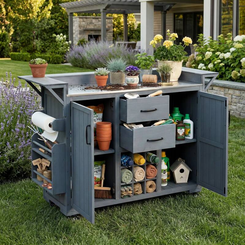 60" Rolling Outdoor Kitchen Island with Stainless Steel Top, Wood BBQ Prep Cart with Wine Rack & Drawers - Grey