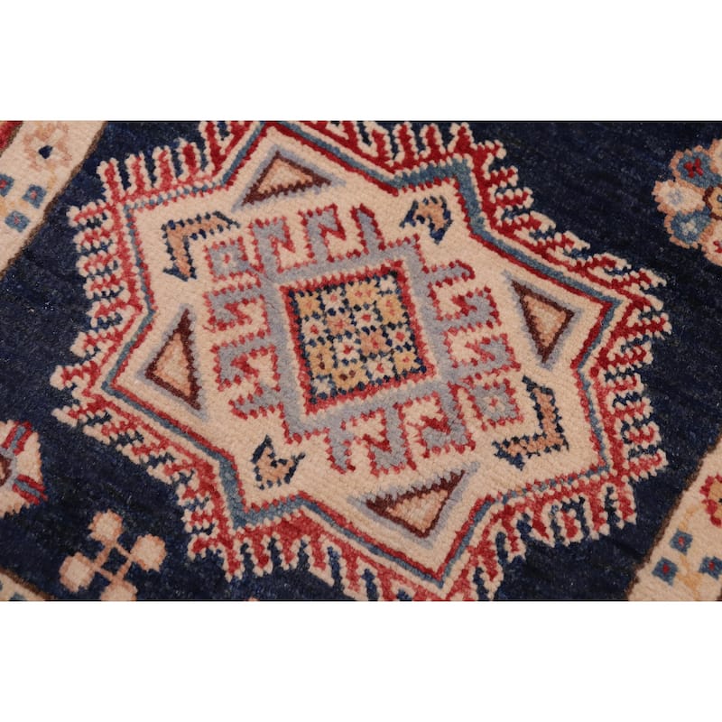 Rustic Kazak Esmeralda Blue/Red Wool Runner - 2'6'' x 9'7''