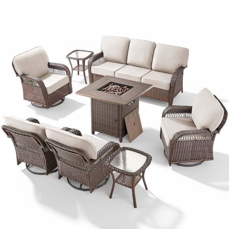 Pocassy Outdoor Sofa Ottoman Swivel Chair Table with Fire Table Set.