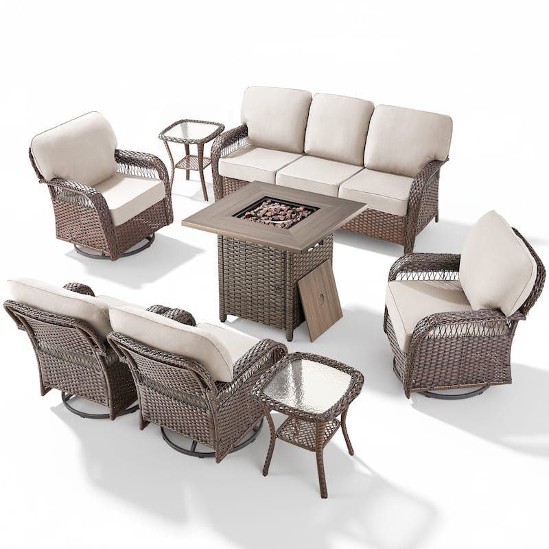 Pocassy Patio Outdoor Fire Table with Sofa Ottoman Swivel Chair Funiture Set.