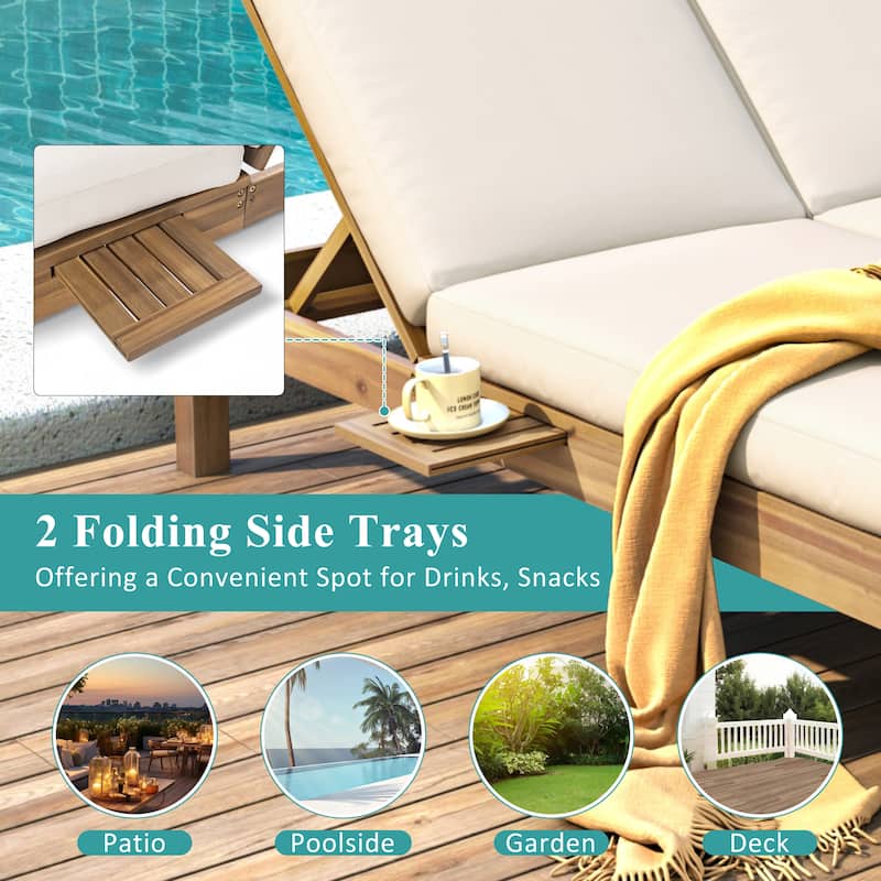 Outdoor Patio Acacia Wood Double Daybed Sunbed with Adjustable Backrest and Folding Side Trays