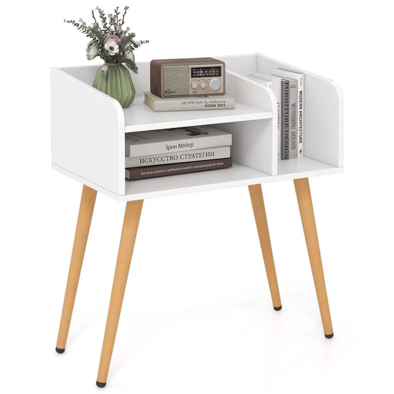 Costway Mid Century Modern End Table with Open Shelves Metal Support - See Details - White