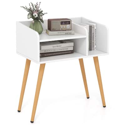 Costway Mid Century Modern End Table with Open Shelves Metal Support - See Details