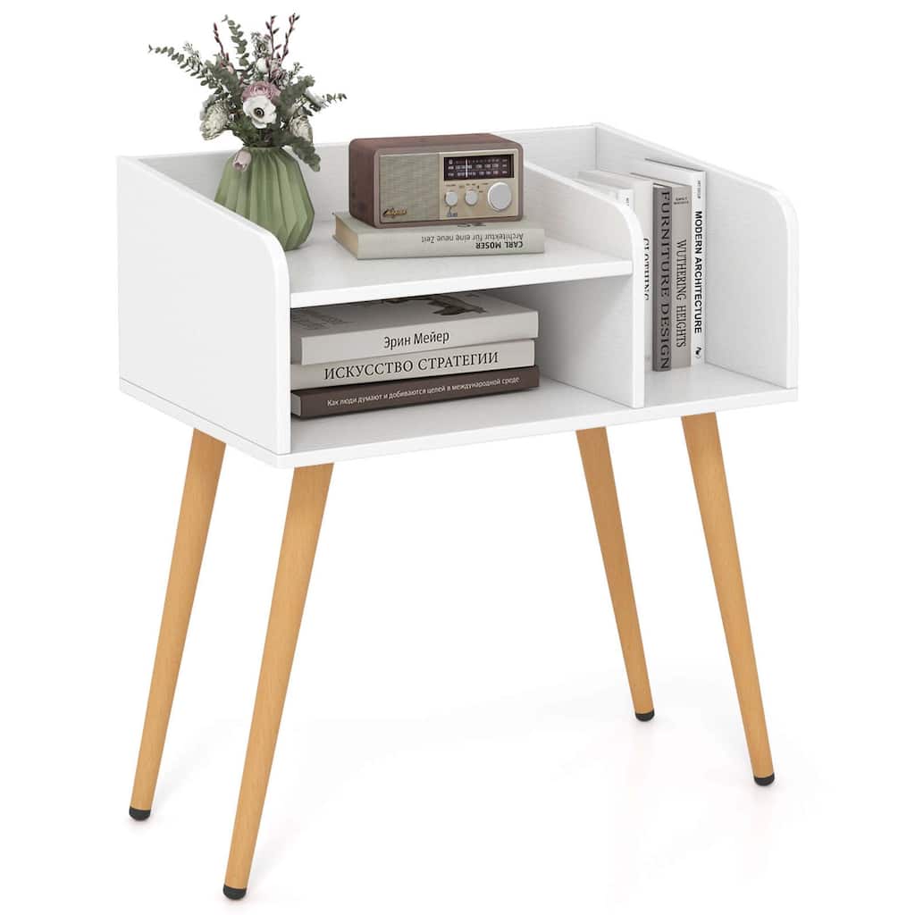Costway Mid Century Modern End Table with Open Shelves Metal Support - See Details