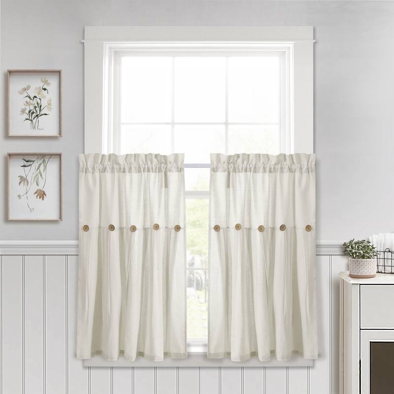 Lush Decor Linen Button Kitchen Tier Window Curtain Panel Pair - Off-White - 29" x 36"
