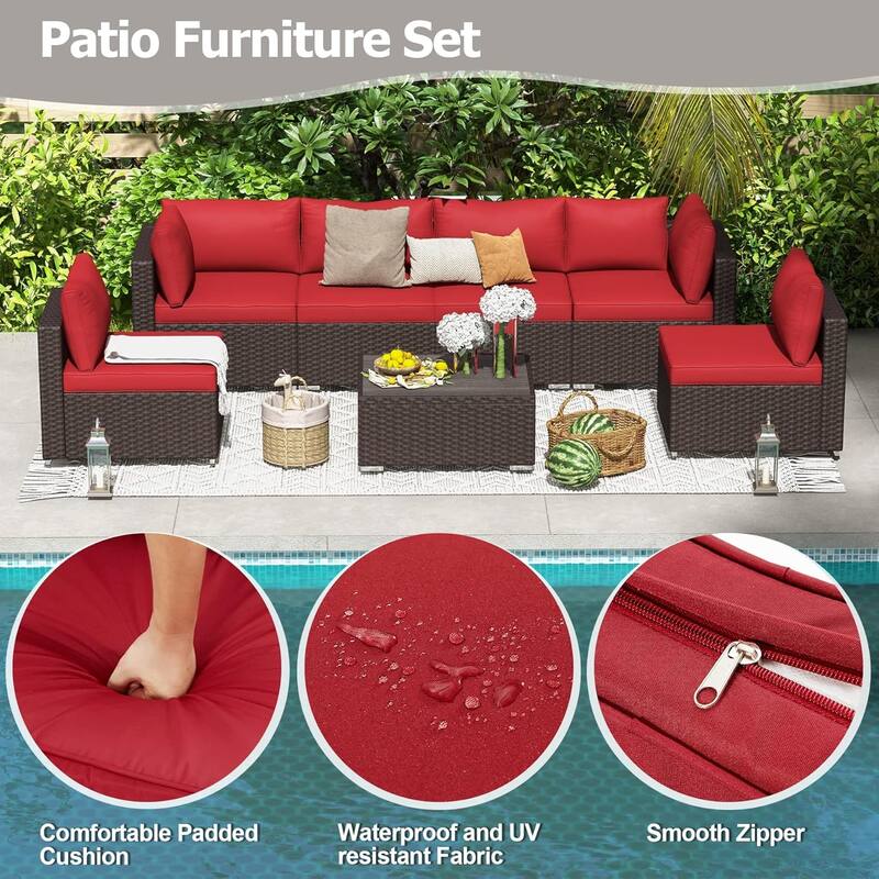 EROMMY 6/7 Piece Modular Outdoor Rattan Sofa Set, All-Weather Wicker Patio Furniture with Storage Table, Cushions & Pillows
