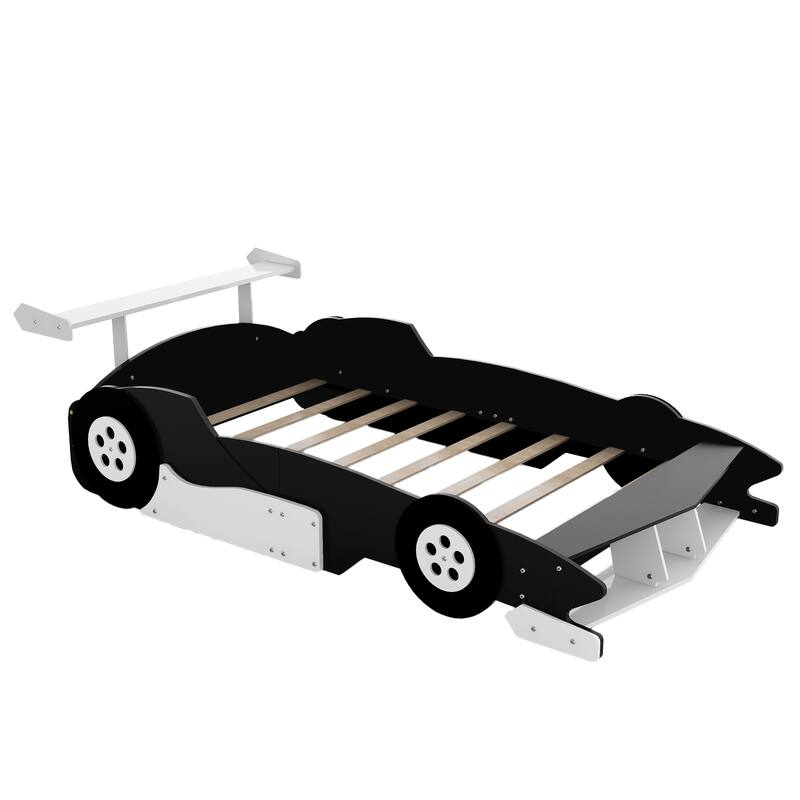 Sleek Full Size Black Race Car Bed with Functional Wheels and Safety Rails