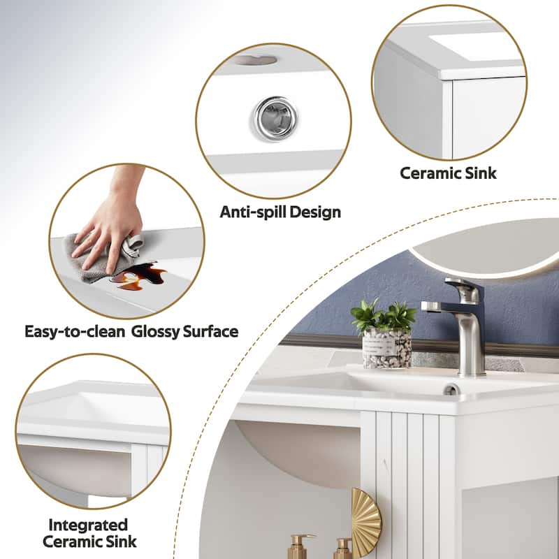 Bathroom Vanity, 20" Small Bathroom Vanity with Ceramic Sink, Chic Half-Moon Pulls Bathroom Cabinet