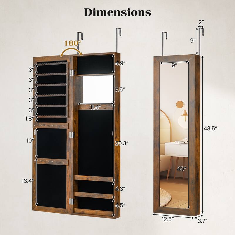 Wall Mounted or Door Hanging Jewelry Cabinet with Full Length Mirror and Inner Makeup Mirror - 12.5" x 3.7" x 43.5"