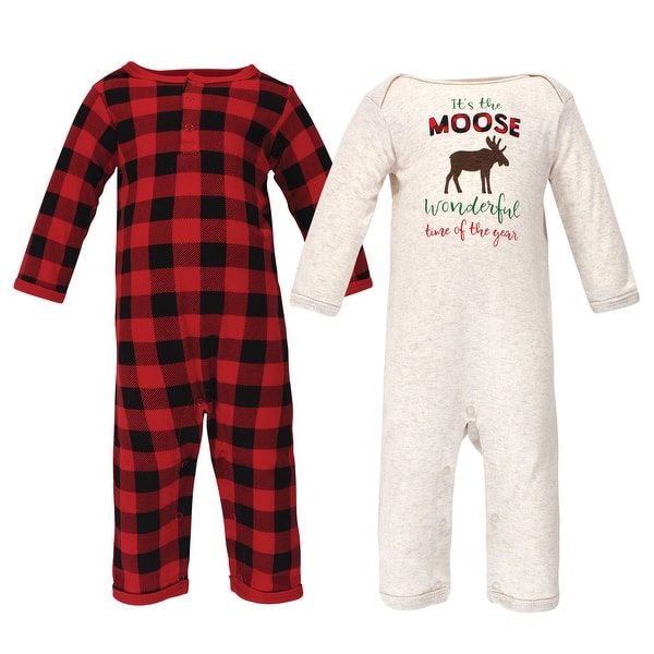 slide 1 of 1, Hudson Baby Infant Boy Holiday Cotton Coveralls 2pk, Moose Wonderful Time 0 - 3 Months - Red