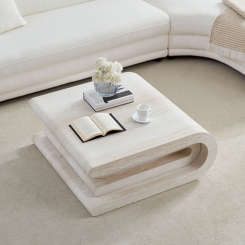 33.86" Modern Square Faux Travertine Pattern Coffee Table
