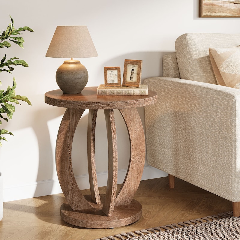 Round Side Table with Storage, Farmhouse End Table for Living Room Small Space