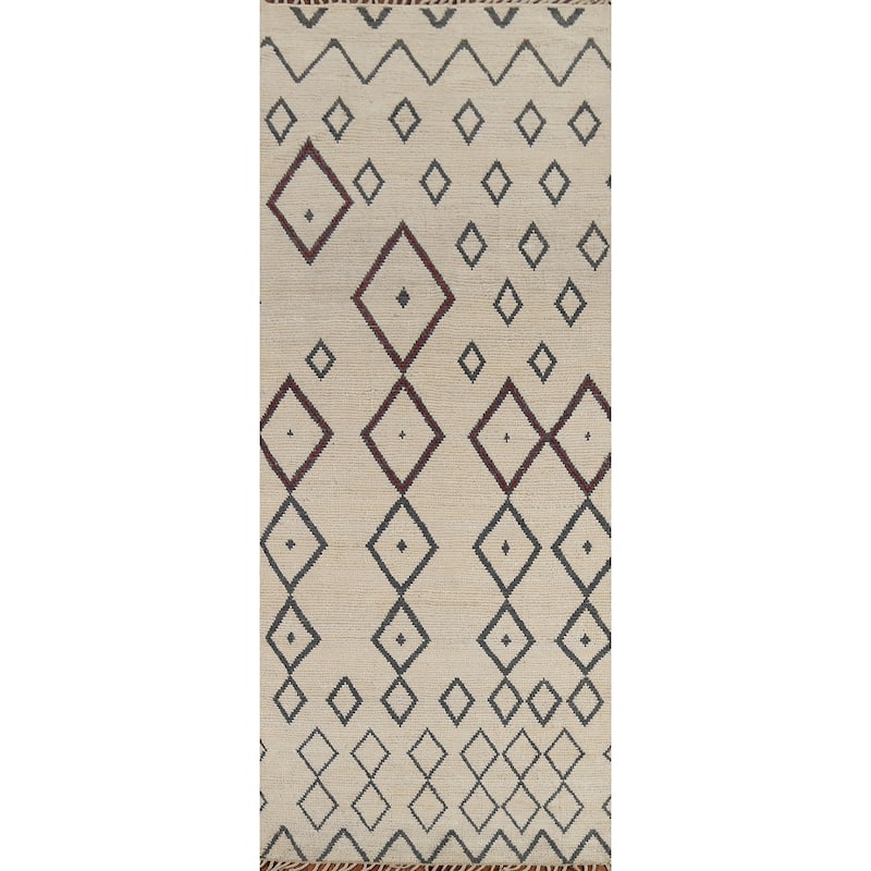 Modern Geometric Moroccan Runner Rug Hand-Knotted Wool Carpet - 3'11"x 11'7"