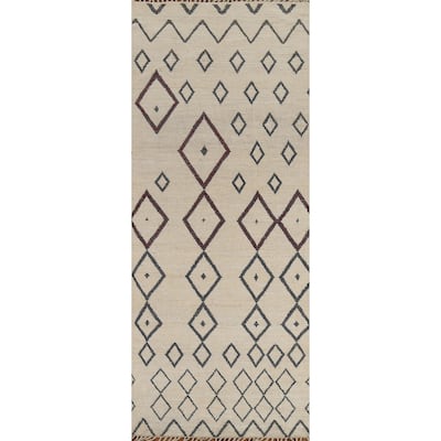 Modern Geometric Moroccan Runner Rug Hand-Knotted Wool Carpet - 3'11"x 11'7"