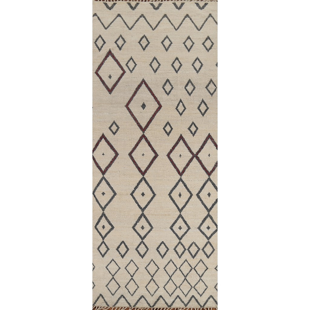 Modern Geometric Moroccan Runner Rug Hand-Knotted Wool Carpet - 3'11"x 11'7"