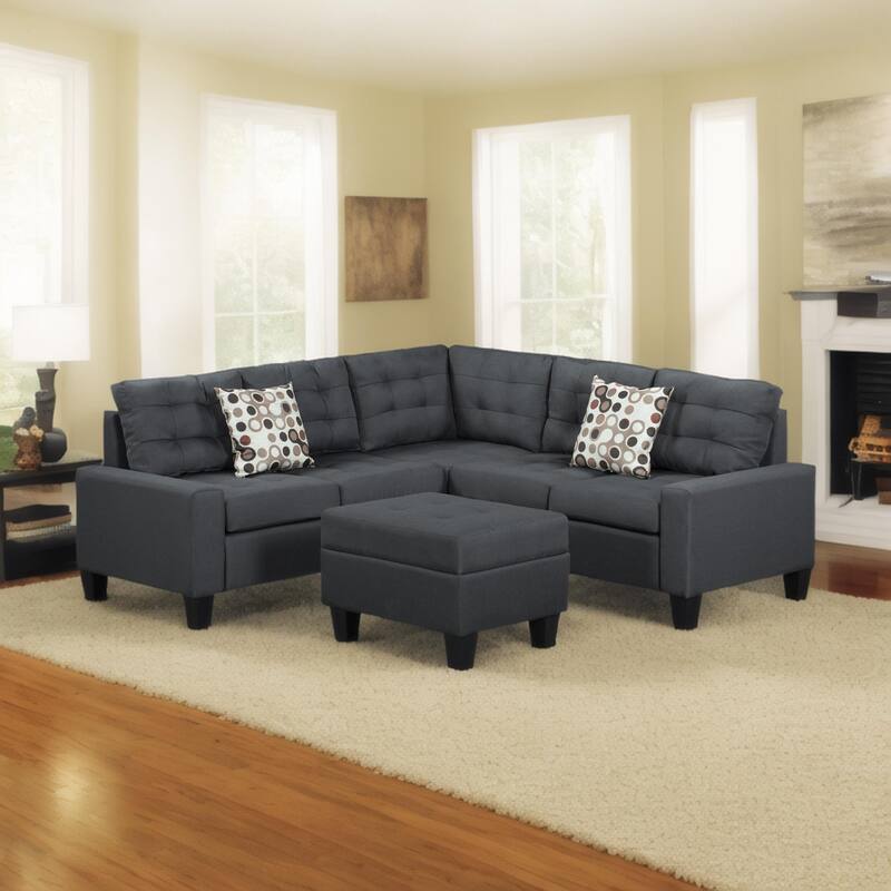 104.5" Gray Upholstered Sofa Set with Comfortable Coin-Spring Cushions, Sturdy Frame, Chaise Lounge, Versatile Storage Ottoman - Deep Grey