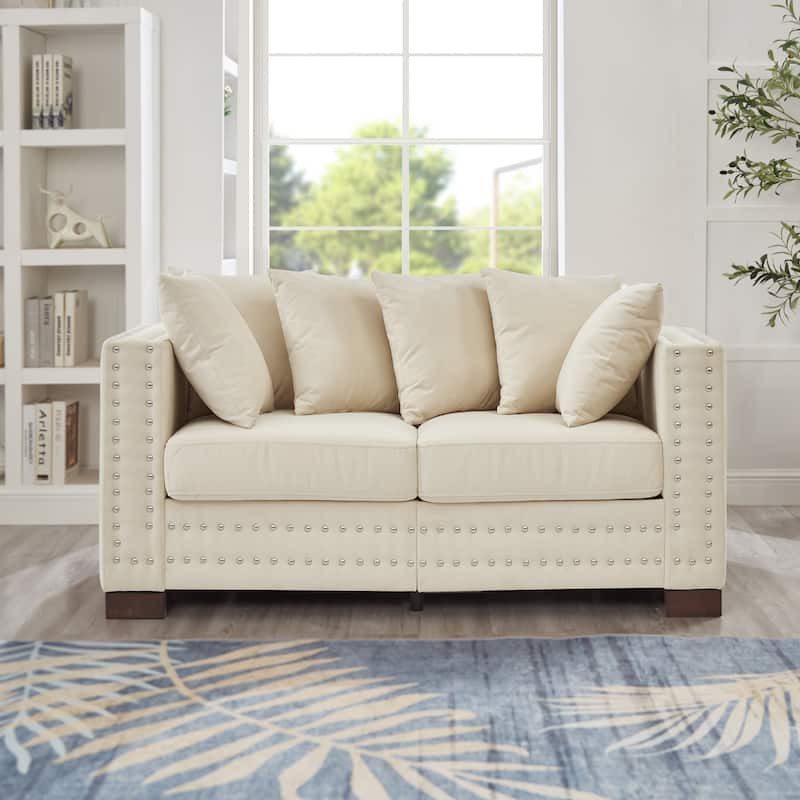 Velvet Loveseat Sofa Deep Seat Storage Couch with Pillows and Square Armrests with Silver Nails Decoration for Living Room - Apricot