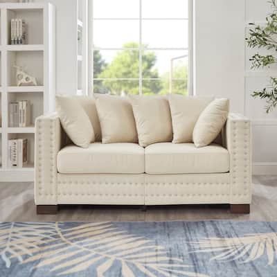 Velvet Loveseat Sofa Deep Seat Storage Couch with Pillows and Square Armrests with Silver Nails Decoration for Living Room