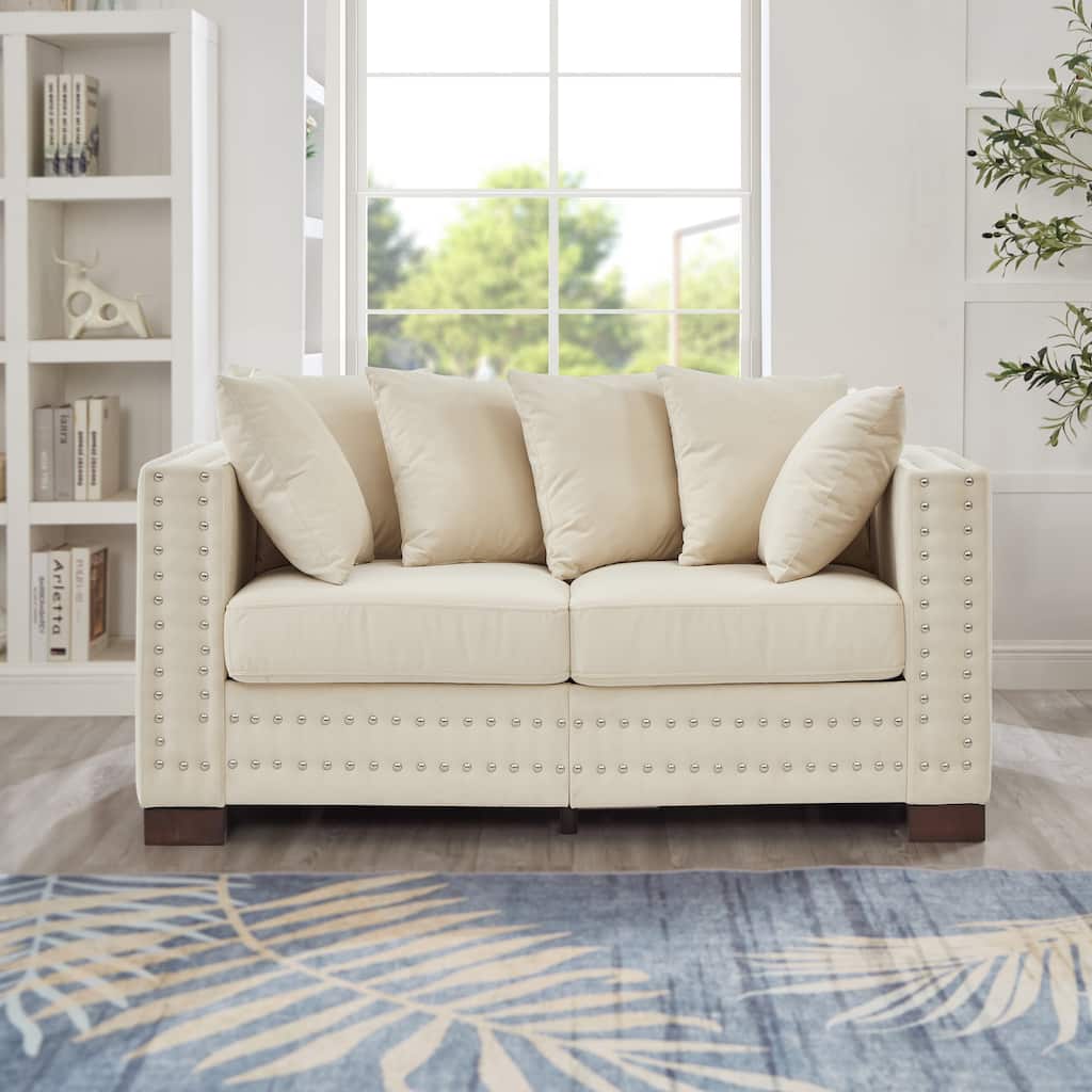 Velvet Loveseat Sofa Deep Seat Storage Couch with Pillows and Square Armrests with Silver Nails Decoration for Living Room