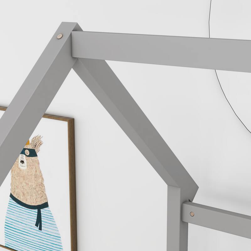 Twin Size Floor Bed Wooden House-shaped Bed Frame with Fence & Roof