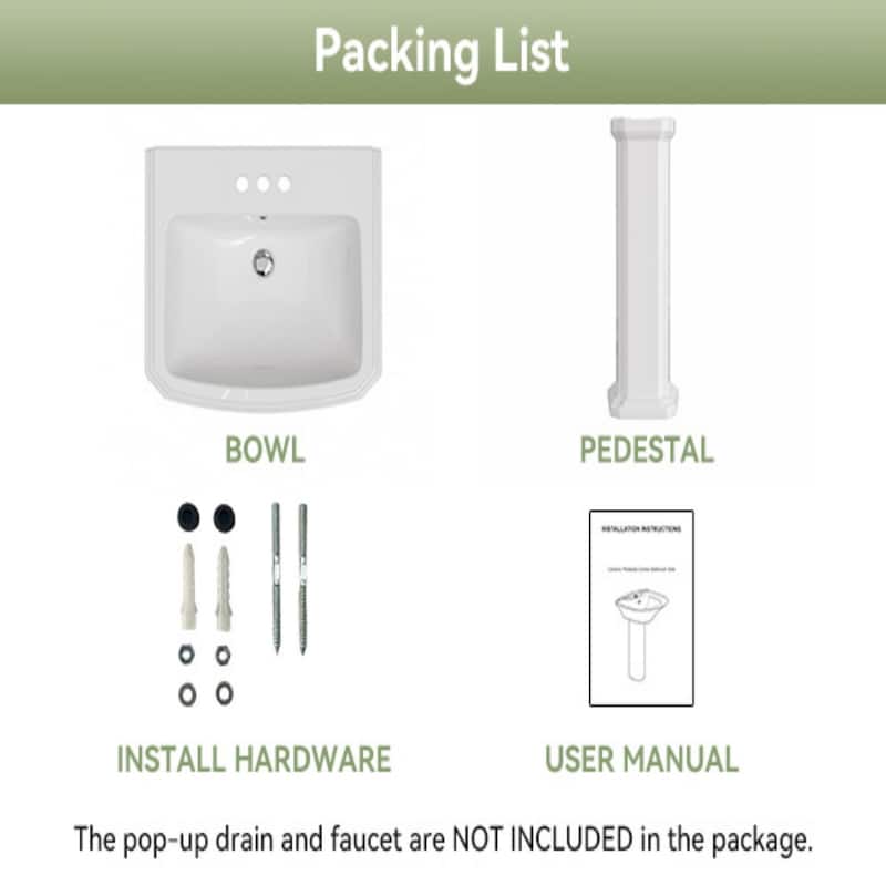 HOROW 23 in. W x18.5 in. D Rectangular Ceramic Pedestal Combo Bathroom Sink in White with Overflow Drain and 3-Faucet Holes