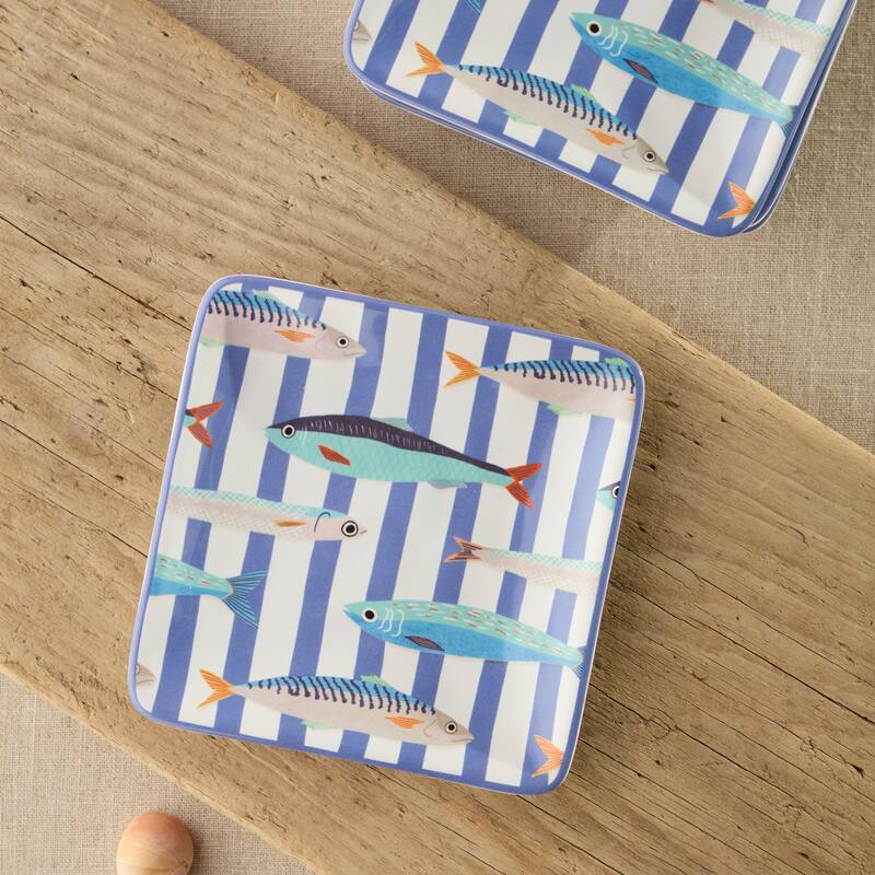 Certified International Something Fishy 6" Canape/Luncheon Plates, Set of 4 Assorted Designs - 6.00"L x 6.00"W x 0.75"H