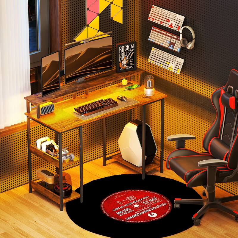 Particleboard and Steel Desk with RGB Lights Monitor Stand Shelves - 47.2" - Rustic Brown-Black