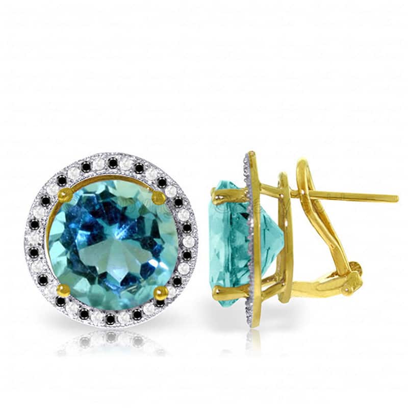 14K Solid Gold Stud Earrings Black / White Diamonds & Blue Topaz - Yellow