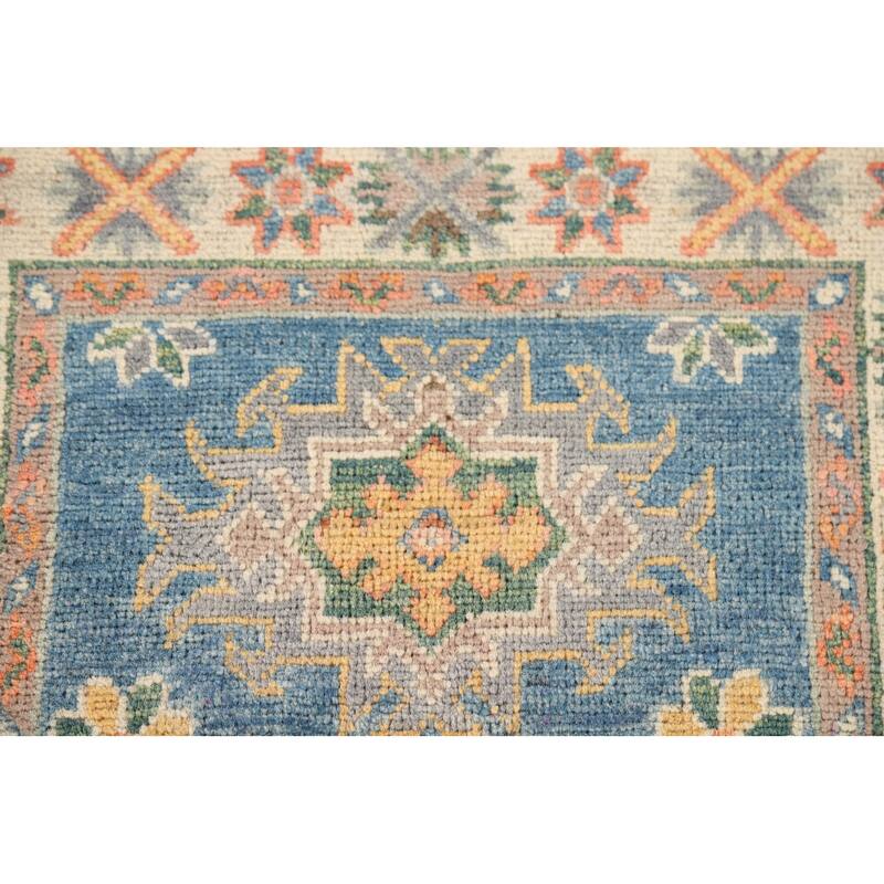 Hand Knotted Oriental 100% Wool Carpet Traditional Geometric Navy Blue & Blues Kazak Area Rug - 2' 10'' X 1' 11''