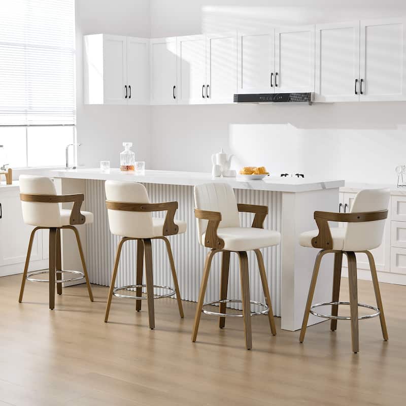 Upholstered Swivel Barstool with Arms and Bentwood Legs - 40.8"H x 18.9"W x 19.5"D/19.3"D