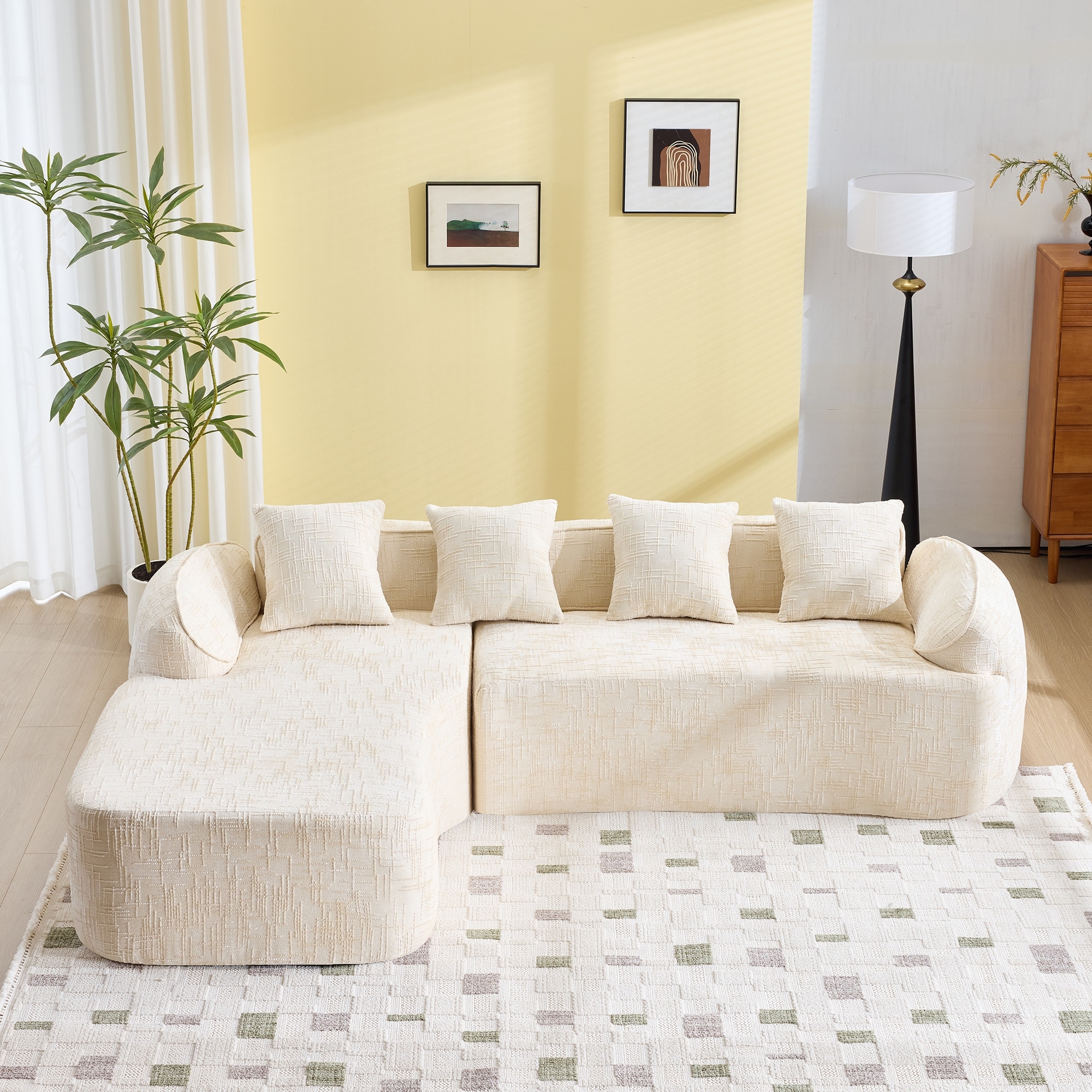 L-Shaped Sectional Sofa with Chaise Lounge, Chenille Upholstered 4 Seater Sofa, Compressed Sofa with Throw Pillows