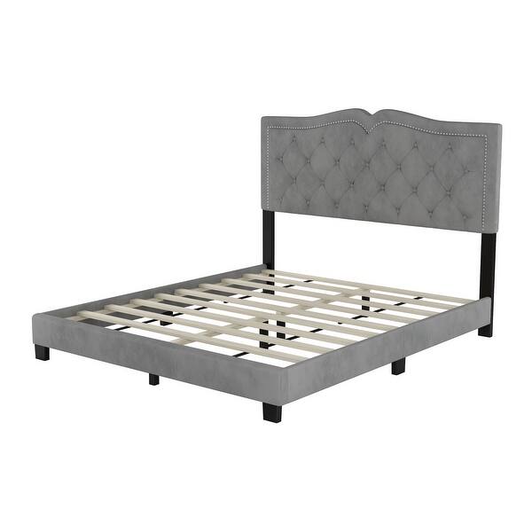 slide 2 of 21, Queen Platform Bed with Tufted Velvet Headboard and Rivet Detail Gray - Queen