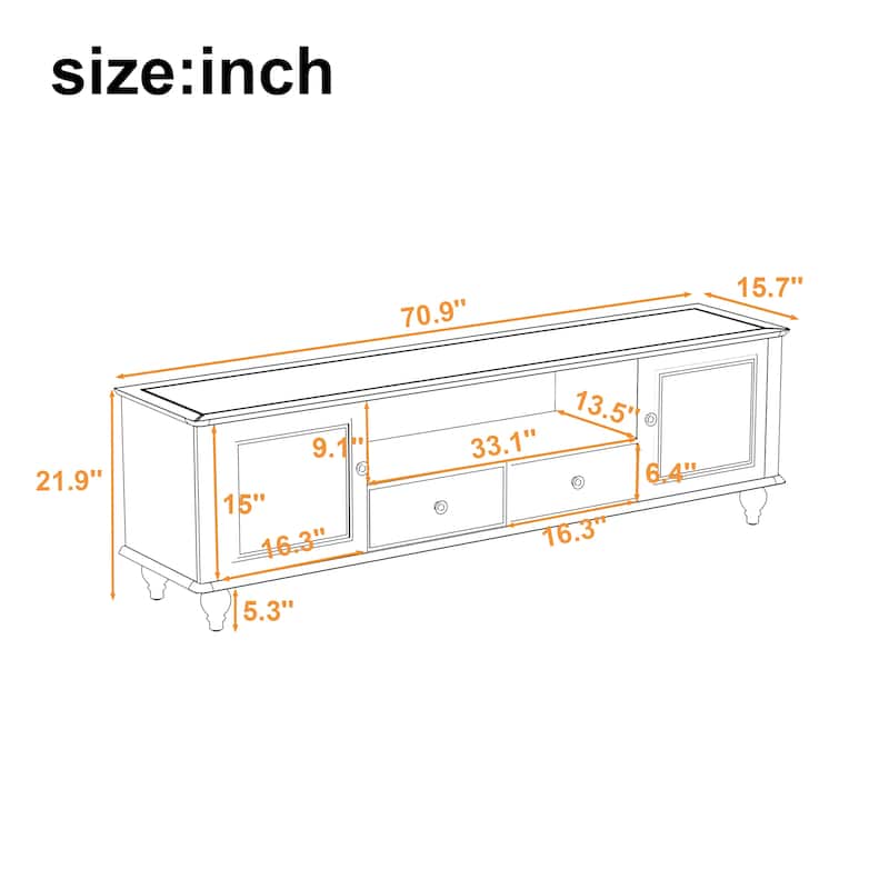 70.9" Modern TV Stand for TVs up to 80", Entertainment Center with 2 Cabinets, 2 Drawers, Open Shelf, Solid Wood Legs