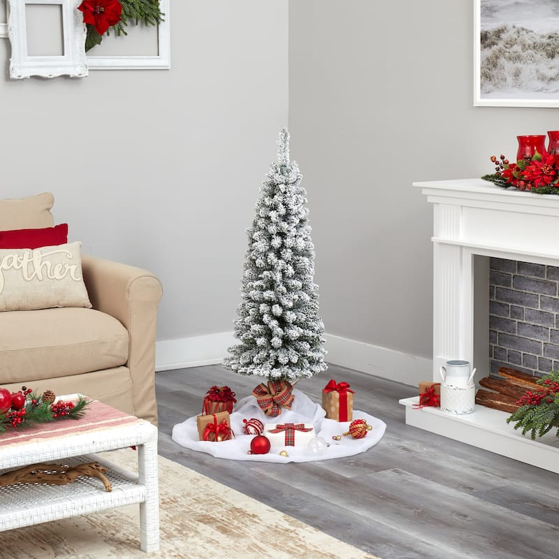 4’ Pre-Lit Pencil Flocked Artificial Christmas Tree, Clear LED Lights - 4 Foot