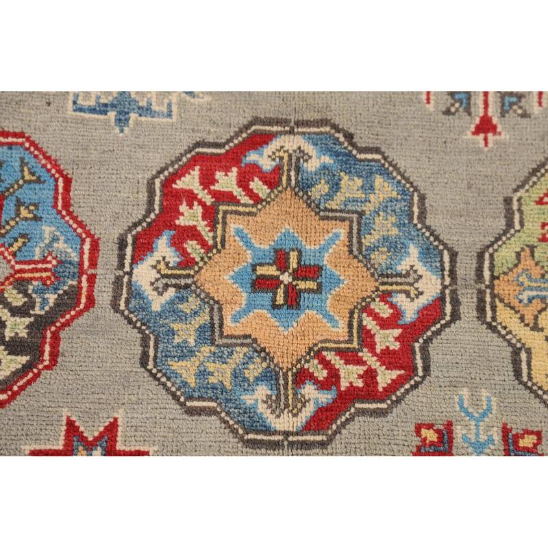 Geometric Grey Kazak Oriental Area Rug Handmade Wool Carpet - 4'10" x 6'11"